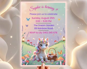 Unicorn Birthday Invitation Girl: Pastel Garden Tea Party (Canva Template Digital Download 5x7in