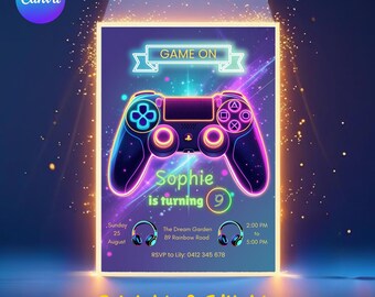 May include: A digital invitation with a neon-style game controller design. The invitation reads "Game On" and "Sophie is turning 9." Details include date, time, location, and RSVP information. The words "Printable & Editable" are also displayed.