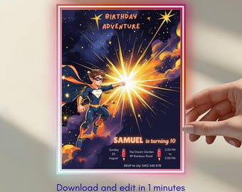 Bewerkbare superheld verjaardagsuitnodiging | Space Galaxy Rocket-feestuitnodiging | Canva-sjabloon direct downloaden