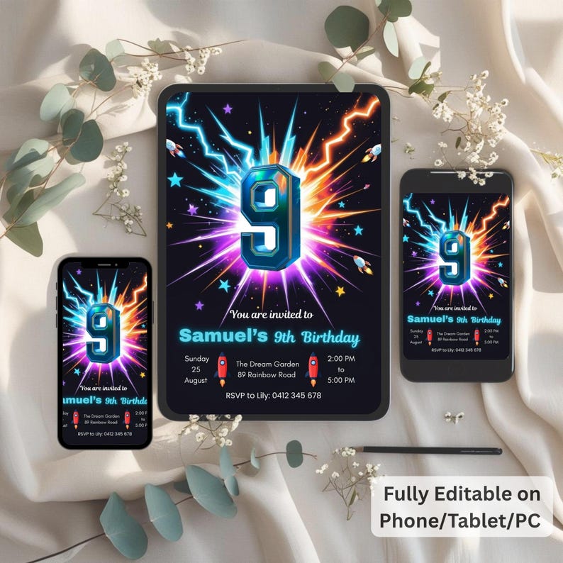 9th Birthday Invitation Boy: Neon Space Rocket Party, Canva Template ...