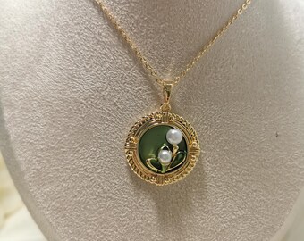 Lily of the Valley Pearl Pendant | Green Enamel Flower Necklace | Oriental Cloisonné Style Elegant Jewellery
