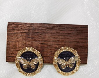 Gold Butterfly Stud Earrings | Vintage Black Enamel Round Earrings | Oriental Inspired Statement Jewellery Gift