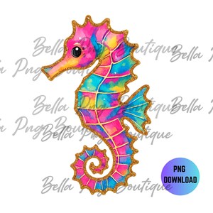 Rainbow Seahorse PNG, Watercolor Glitter Ocean Animal Clipart, Coastal Sea Life Sublimation Design, Cute Summer Digital Download