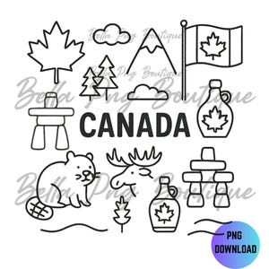 Kanada Doodle PNG, süße kanadische Clipart mit Elch, Biber, Ahornsirup und Flagge, schwarze Linie Art Sofort-Download für Sublimation