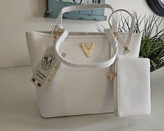 Valentino Orlandi White Leather Tote Bag with Gold Hardware and Wallet