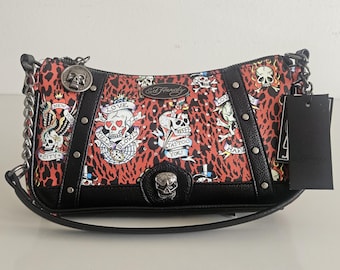 Ed Hardy Black Skull Demi Shoulder Bag – Tattoo Art Crossbody with Chain Strap