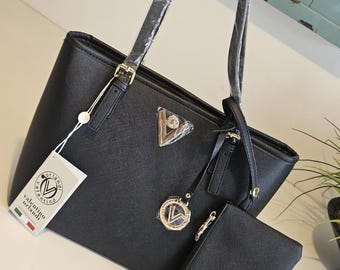 Bolso tote Valentino Orlandi de piel negra con detalles dorados y cartera a juego – Lujo italiano