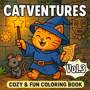 Catventures Coloring Book Vol.3 | Fun Bold Line Adventure Cat Coloring Book for Teens & Adults | 15 Pages Digital Download | PDF, PNG, JPG