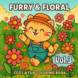 Furry & Floral Coloring Book Vol.3 | 15 Cute Animal and Flower Pages | Fun Square PDF JPG PNG for Kids and Adults | Coloring Page