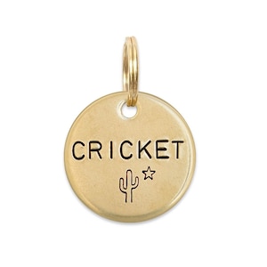 Western Personalized Dog Tags - Custom Pet Name Tags with Cactus Tent Star Flower Icons - Desert Adventure ID Tag - Hand Stamped Brass