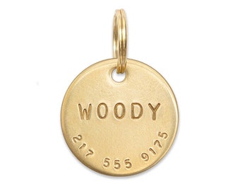 WOODY: Hand Stamped Personalized Custom Pet ID Tags for Dogs and Cats in Solid Brass