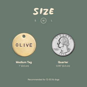 May include: A gold-colored dog tag with the name "OLIVE" engraved on it. The tag is 1 inch (2.5 cm) in diameter. A quarter is shown for size comparison. The image also includes the text "SIZE" and "Recommended for 12-50 lb dogs."