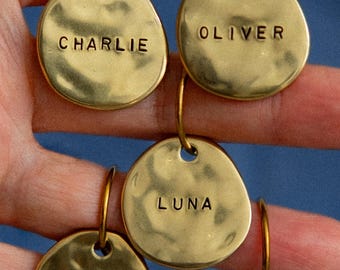 Dog Tag Personalized Pet ID Tag with Name and Phone Numbers, Hand Stamped Brass, Deep Engraved, Wavy Texture