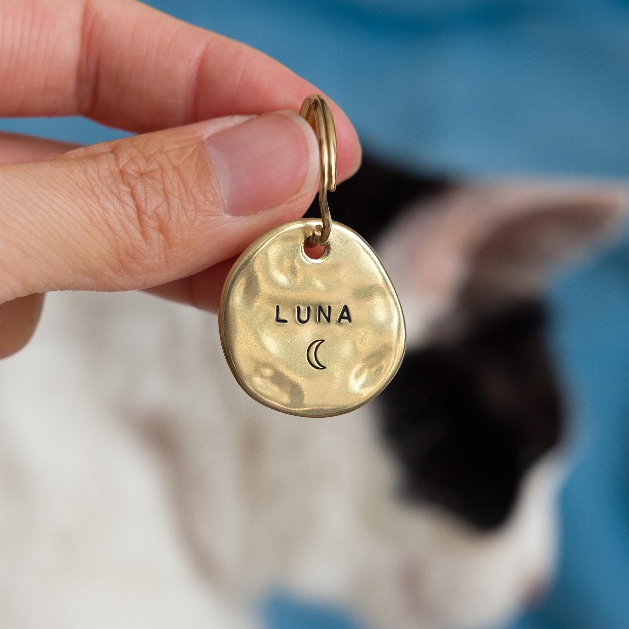Personalized Moon Star Dog Tag | Custom Engraved Brass Pet ID Tags for Dogs & Cats | Stamped Dog Name Tag
