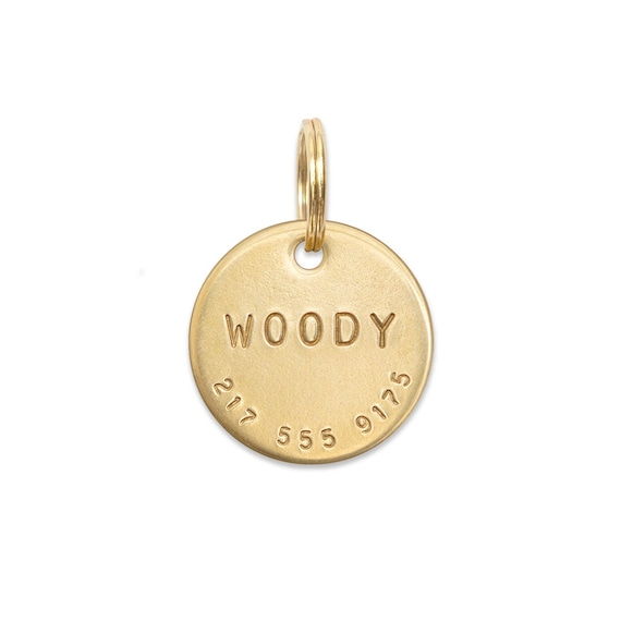 WOODY: Hand Stamped Personalized Custom Pet ID Tags for Dogs and Cats in Solid Brass