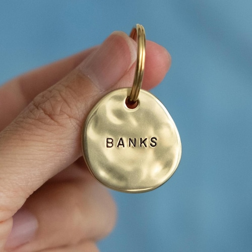 Moyenne BANKS : Médaille d'identification personnalisée de luxe estampée à la main pour chien et chat en laiton massif