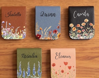 Marcapáginas de cuero personalizado, marcapáginas magnético con nombre personalizado, regalo de graduación para ella, marcapáginas floral, regalo para amantes de los libros, regalo para estudiantes