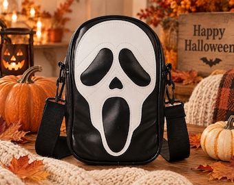 Ghost Face Crossbody Bag, Halloween Horror Purse, Spooky Black Shoulder Bag, Scary Movie Style Handbag, Halloween Gift for Her
