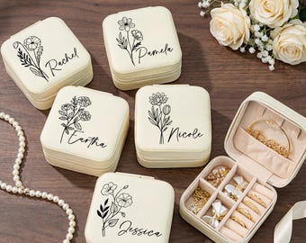 Portagioie da viaggio con fiori di nascita, regalo floreale per il mese di nascita, regalo di compleanno personalizzato, portagioie da viaggio in pelle, portagioie personalizzato