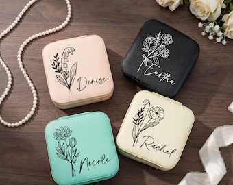 Estuche de viaje personalizado para joyas con flores de nacimiento, flor del mes de nacimiento, joyero con nombre personalizado, regalo de dama de honor, regalo de cumpleaños