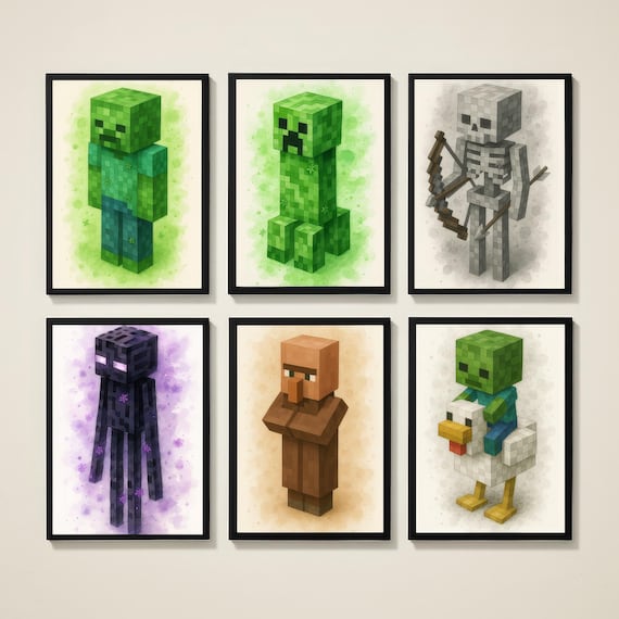 Minecraft Wall Art Cartoon Poster Set, Nursery Decor, 6-Piece Printable Prints, Colorful and Fun Clipart Designs for Kids' Gaming Room Space