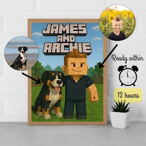 Recriação de arte de retrato personalizada do Minecraft a partir de imagem | Pôster de pixel personalizado para presente | Réplica com entrega rápida | Decoração de parede para sala de jogos