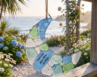 Ciondolo decorativo a forma di luna, regalo per coppie, ornamento a forma di luna in vetro marino al chiaro di luna, vetro oceanico avvolto a mano, decorazione da parete per la casa, testo personalizzato disponibile