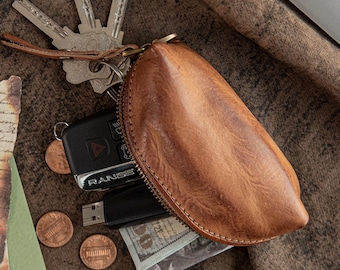 Estuche para llaves de cuero hecho a mano – Organizador de llaves con cremallera de piel de vaca envejecida