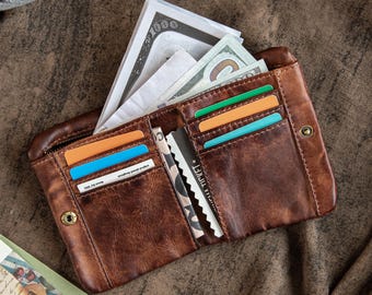 Cartera plegable de piel de vaca hecha a mano, monedero retro plisado con cremallera y múltiples ranuras, cartera de cuero suave de gran capacidad para hombre, regalo para él