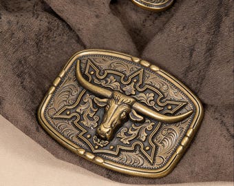 Longhorn Steer Skull Belt Buckle, Western Cowboy Style, Vintage Metal Brass Bull Head