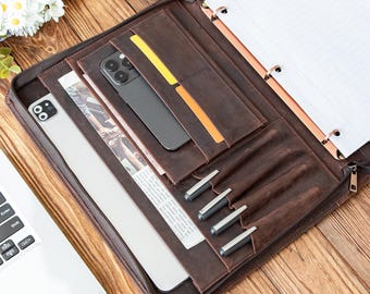 Portafolio de café de cuero Crazy Horse: organizador ejecutivo personalizado, regalo corporativo personalizado y obsequio de agradecimiento a empleados.