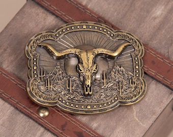Fibbia per cintura in bronzo antico con teschio di toro Longhorn, stile western da cowboy, vintage, in lega di zinco.