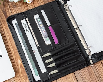 Portafolio de cuero de microfibra negro personalizado, carpetas organizadoras tamaño carta, portafolios de cuero para hombre, soporte A4, bolsa para documentos con cremallera