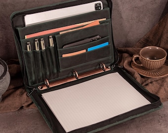 Leather Portfolio Binder, Zippered Padfolio Organizer, Handmade Leather Folder