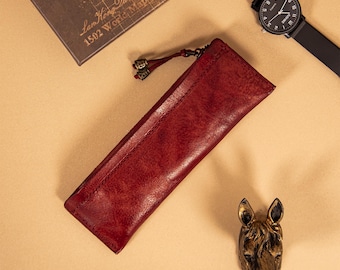 Estuche para lápices de cuero hecho a mano, organizador de artículos de papelería retro.