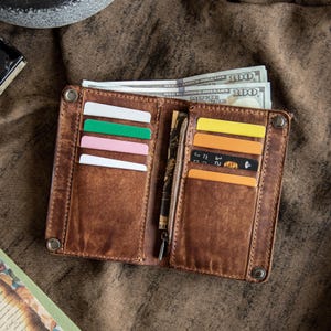 May include: Open brown leather wallet with multiple card slots, filled with colorful cards and US $100 bills. The wallet has a zipper pocket and is open, displaying its contents. The leather has a distressed look.