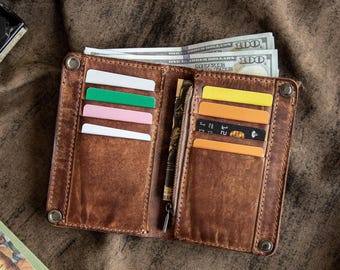 Cartera plegable de cuero genuino hecha a mano con cremallera.