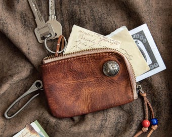 Handmade Leather Zipper Key Pouch, Coin and Card Holder