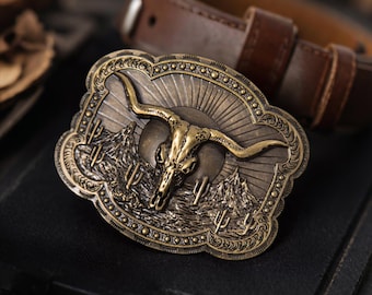 Hebilla de cinturón de bronce antiguo con calavera de toro y cuernos largos de vaquero occidental, aleación de zinc de metal vintage