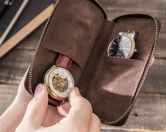 Scatola porta orologi vintage in pelle Crazy Horse a 2 scomparti / Astuccio da viaggio per orologi / Organizer portatile per orologi da uomo – Realizzata a mano, confezione regalo per gli amanti degli orologi