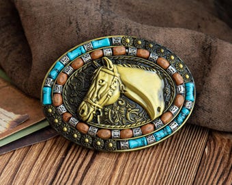 Hebilla de cinturón antigua con cabeza de caballo en bronce, estilo vaquero occidental de aleación de zinc.