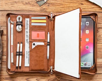 Personalized Leather Portfolio, Letter Size Organizer Folder, Zippered Leather Portfolio, Padfolio A4 Document Bag, Gift for Father/Him/Boss