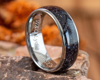 Anillo de tungsteno personalizado con grabado de galaxia estrellada, elegante y unisex, regalo de aniversario.