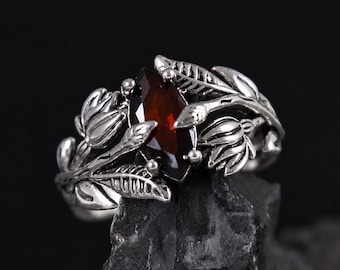Anello medievale in rame con intaglio a foglia e fascia con intarsio di rubino, gioiello delicato ispirato alla natura, regalo unisex per coppie amanti della natura