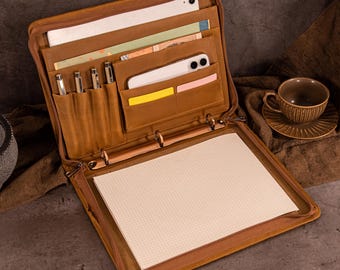 Portafolio de cuero marrón personalizado: organizador ejecutivo de cuero Crazy Horse, portadocumentos A4 con cremallera, regalo para él o su jefe.