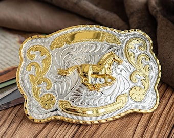 Hebilla de cinturón de caballo al galope - Estilo rodeo vaquero occidental, diseño vintage de caballo dorado