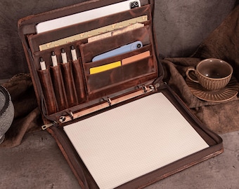 Portafolio de cuero personalizado con cera de aceite: organizador ejecutivo de cuero Crazy Horse, portafolios con cremallera tamaño A4, ideal como regalo para él o su jefe.