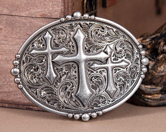 Western Cross Belt Buckle - Antique Silver Floral Engraved  display picture 1