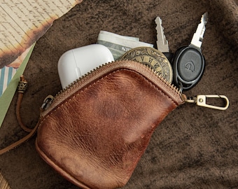 Estuche para llaves de cuero de grano superior hecho a mano, monedero vintage con cremallera