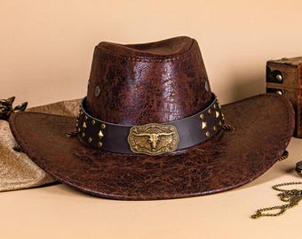 5919 Unisex Western Cowboy Hat With Bull Buckle And Studded Band, Classic Wholesale Studded Western Bull Head Strap Cowboy Hat for  main image 4